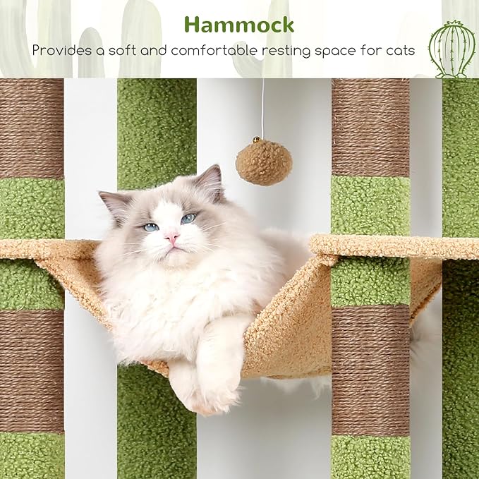 Globlazer XXL Cactus Giant Cat Tree, 83 Inch Heavy Duty Cactus Tall Cat Tower for Indoor Cats Large Adult, Multi-Level Large Cat Condo with 8 Scratching Posts, Hammock, 2 Platform, F83B, Green