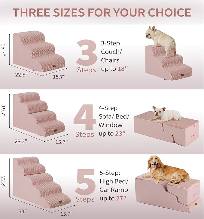 Made4Pets Dog Stairs Ramp for High Bed 22.8" H, 5-Step Pet Stairs for Bed Couch Sofa Climbing, 35D Foam Pet Steps for Small Dogs and Cats, Non-Slip Bottom Dog Steps, Pink