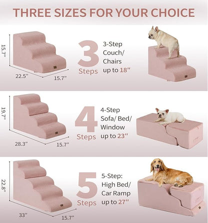 Made4Pets Dog Stairs Ramp for High Bed 22.8" H, 5-Step Pet Stairs for Bed Couch Sofa Climbing, 35D Foam Pet Steps for Small Dogs and Cats, Non-Slip Bottom Dog Steps, Pink