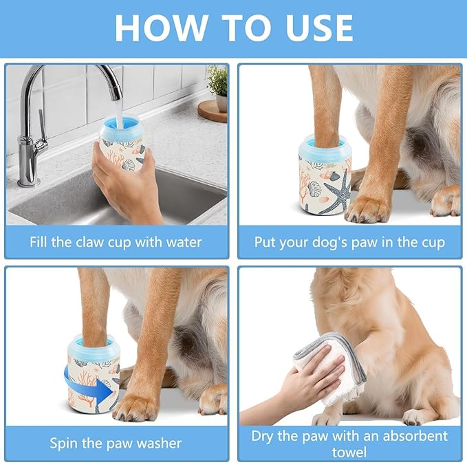 Dog Paw Cleaner Cups for Dogs Pets Foot Washer Paw Scrubber for Medium Small Dogs Cats Cleaning Cup Starfish Corals and Seashells