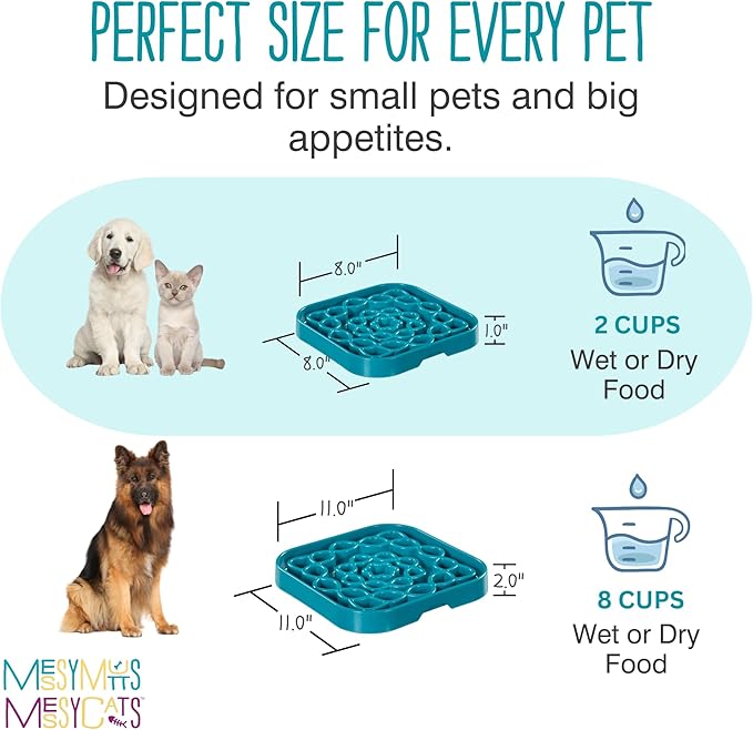Messy Mutts and Cats Interactive Square Slow Feeder | Blue (2 Cup) | 8” x 8” Square Puzzle Slow Feeder for Dogs/Cats | Enrichment Food Dish for Slow Eating, Bloating