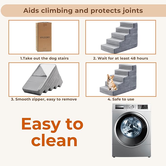 HYLEORY Dog Stairs for Bed 22.5''H, 5-Step Pet Stairs for Small Dogs Cats, Sturdy Pet Steps with Non-Slip Bottom, Functional Portable Dog Ramp for Couch/Chair/Sofa/Car, Storage Pocket, Light Grey-Grey