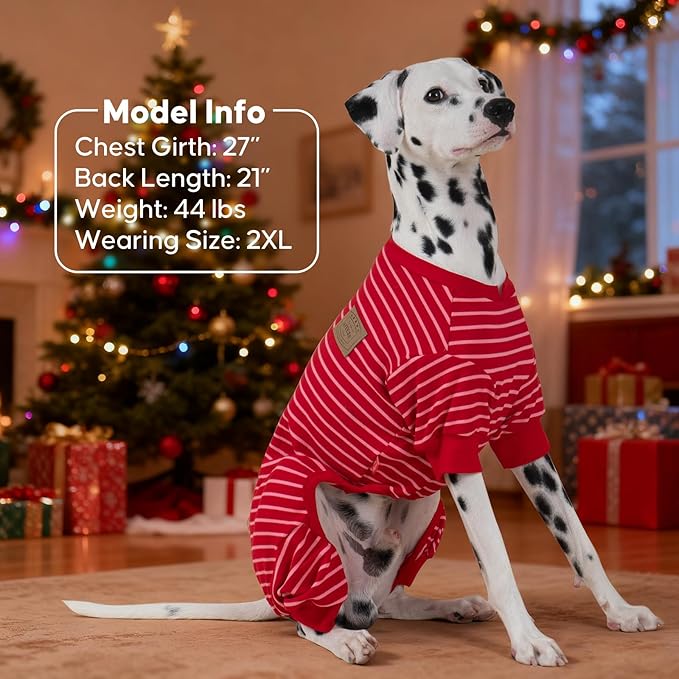 KYEESE Dog Pajamas, Striped Pet PJS Velvet Fleece Doggie Jammies, 4 Legs Outfit Soft Dog Pajamas, Cozy Pet Clothes Onesie, Comfortable PJS for Large Dogs,Red Striped,XXX-Large