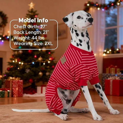 KYEESE Dog Pajamas, Striped Pet PJS Velvet Fleece Doggie Jammies, 4 Legs Outfit Soft Dog Pajamas, Cozy Pet Clothes Onesie, Comfortable PJS for Large Dogs,Red Striped,XXX-Large