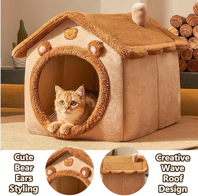 Cat Bed for Indoor Cats,Cozy Cat Cave Bed Cat House Cat Tent with Removable Cushion Pillow,Soft Warm Pet House Puppy Bed,Cute Bear Pet Nest for Cat Kitten Small Dogs (Brown, S-15.8x12.6x13.8 Inches)