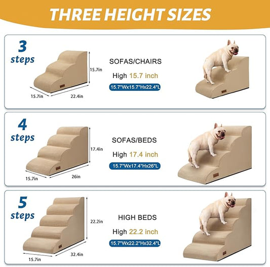 Dog Steps for Bed, 4-Step Dog Stairs Ramp for Small Dogs and Cats, Indoor Non-Slip Pet Stairs Suitable for Older, Short-Legged, and Puppy Dogs to Climb Onto High Beds and Couch, 17.4" H,Khaki