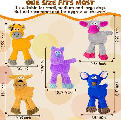 Squeaky Dog Toys, No Stuffing 5 Pack Crinkle Dog Toy for Small,Medium Large Dogs, Not for Aggressive Chewers, Indoor Outdoor Training,Dog,Donkey,Cow,Rhino,Hipo.