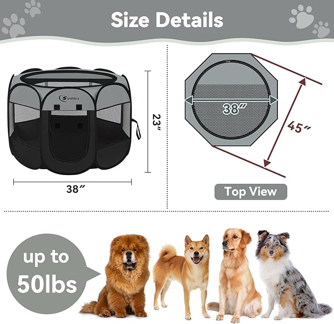 Dark Grey Puppy Playpen for Large Dog Cat, Dogs Tent Crates Cage Indoor/Outdoor, Portable Pop Up Dog Kennel with Carrying Bag for Rabbits, (Dark Grey, Large)