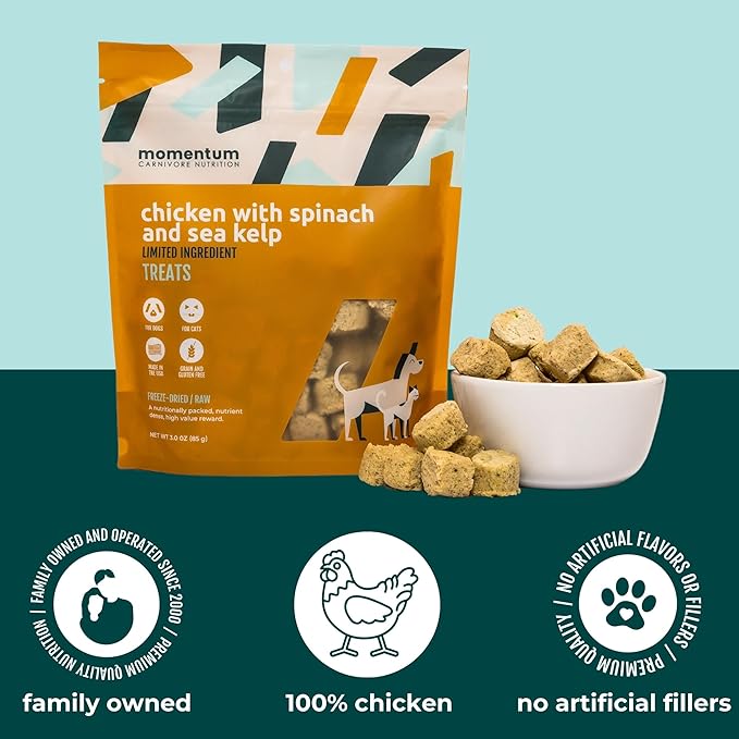 Momentum Carnivore Nutrition Freeze-Dried Chicken, Spinach & Sea Kelp Dog Treats & Cat Treats – Single-Ingredient Recipe, High-Protein, Grain-Free, Natural Superfood Blend – Made in USA – 3 oz Bag