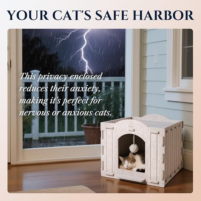 Apasiri Cat House Scratch-Resistant: Indoor Warm Enclosed Felt Bed Cave with Hanging Ball Toy, No-Tool Assembly Hideaway for Anxious Cats & Kittens, 13.4x13.4x9.85 Inch Interior