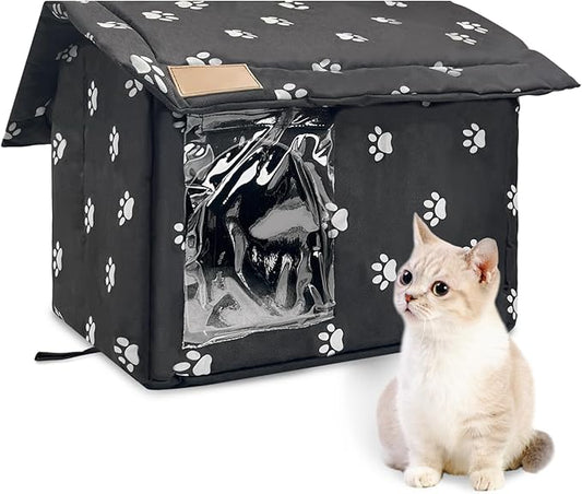 Fhiny Stray Cats Shelter, Waterproof Outdoor Cat House Foldable Warm Pet Cave for Winter Wild Animal Tent Bed Anti-Slip Kitten Cave for Feral Cat Dog Puppy Weatherproof Black (S:13.4"×11.8"×13.7")