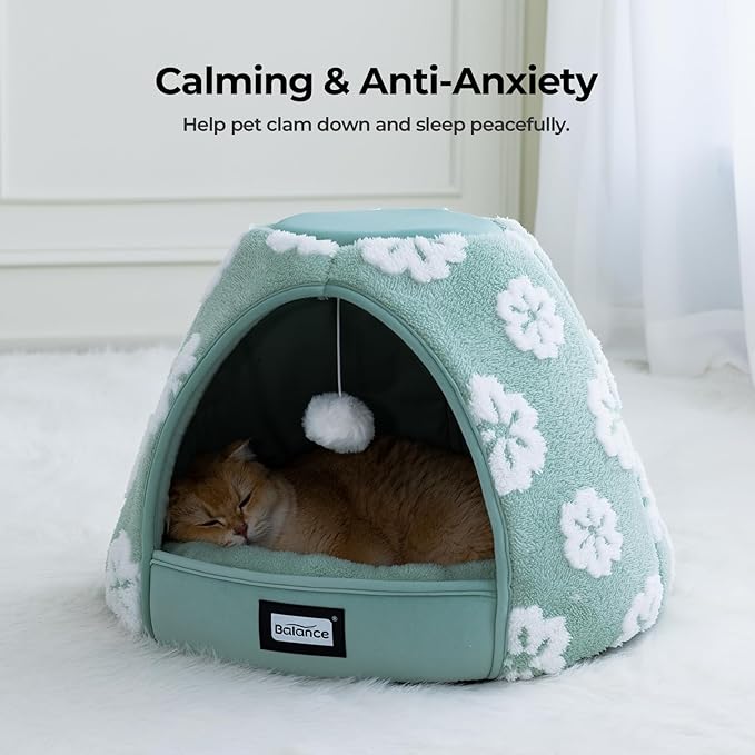 BALANCE Cat Beds for Indoor Cats, 2-in-1 Cat Bed Cave with Anti-Slip Bottom and Ultra-Soft Plush, Cozy Cats House Tent for Kittens and Small Dogs, 19 Inches, Green