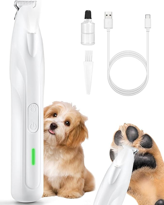Dogs Paw Trimmer, 2 Speed Low Noise Dog Clippers for Grooming, Cordless Rechargeable Dog Hair Trimmer with LED Light, Widen Blade Cat Pet Hair Shaver for Paws, Eyes, Ears, Face, Rump (White)