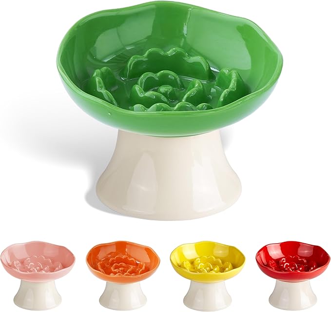 Ceramic Slow Feeder Bowl for Cats and Small Dogs, Elevated Tilted Pet Food Dish, Whisker Friendly Anti-Vomit Design, Heavy Stable Base, Dishwasher Safe， 5 Colors Options (Leaf Green)