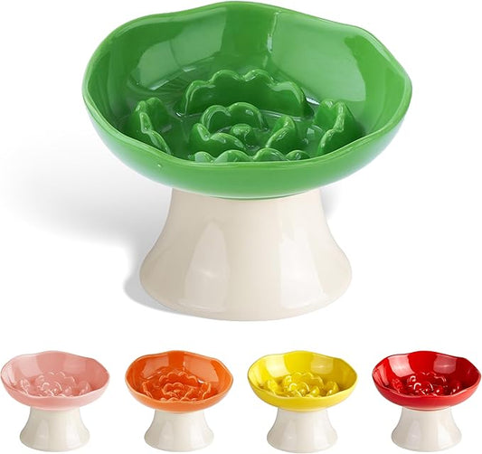 Ceramic Slow Feeder Bowl for Cats and Small Dogs, Elevated Tilted Pet Food Dish, Whisker Friendly Anti-Vomit Design, Heavy Stable Base, Dishwasher Safe， 5 Colors Options (Leaf Green)