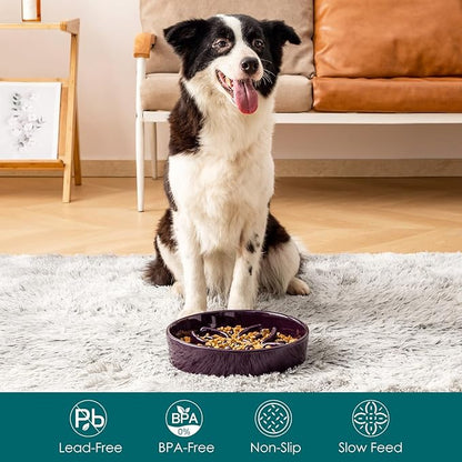 vancasso Ceramic Slow Feeder Dog Bowls, Puzzle Dog Food Bowls with Floral Maze, Anti -Slip Pet Food Dish for Large Breed, 3 Cups, Purple