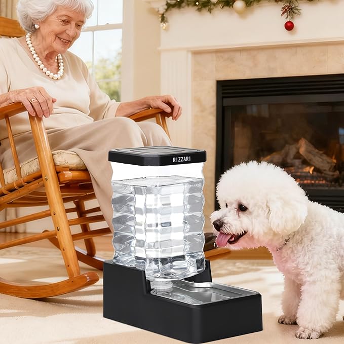 RIZZARI Stainless Steel Dog Dispenser: 7.5L Large Capacity Gravity Waterer - Clear Tank Water Level View -No Mess Keeps Floors Dry- No Power Needed - for Medium Dogs - Kitchen Corner/Crate Area