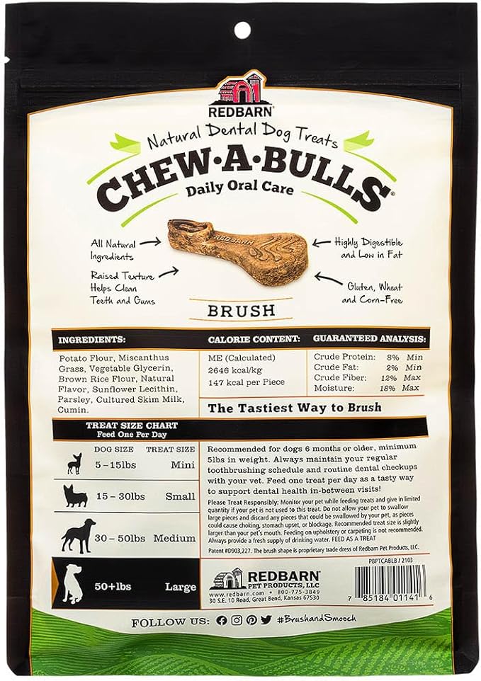 Redbarn Chew-A-Bulls, 6 Pack – Large Brush Shape Dog Dental Treats – Daily Oral Care with Fun Ridges & Grooves, All Natural Ingredients, Highly Digestible Chews & Low in Fat