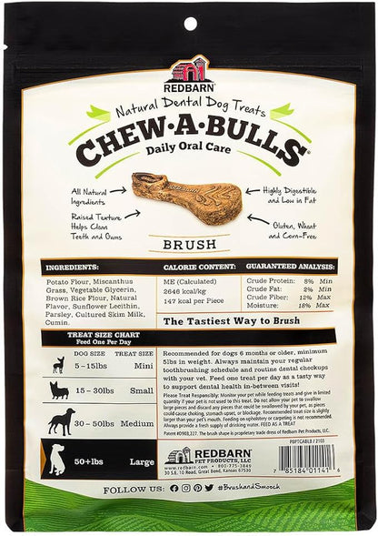 Redbarn Chew-A-Bulls, 6 Pack – Large Brush Shape Dog Dental Treats – Daily Oral Care with Fun Ridges & Grooves, All Natural Ingredients, Highly Digestible Chews & Low in Fat