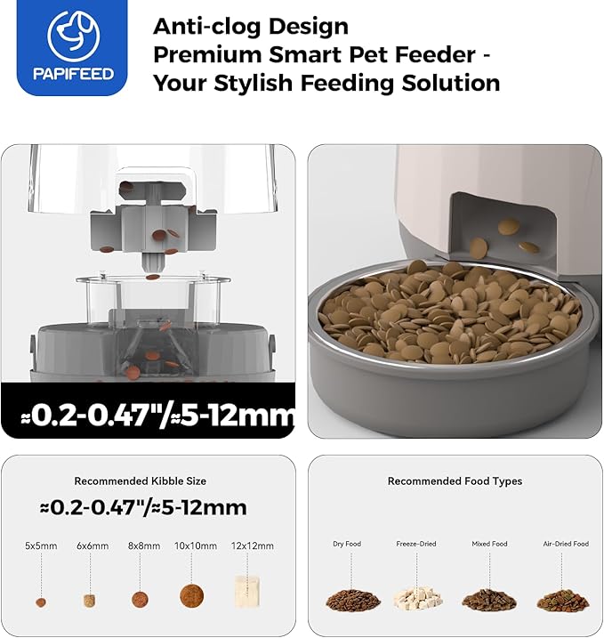 PAPIFEED Automatic Cat Feeder with App Control, 2.4G WiFi Auto Cat Food Dispenser, 3L Cat Feeder Automatic with Dual Power Supply, Easy-Clean Design for Cats & Small Dogs (Grey)