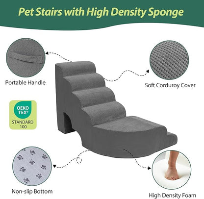 6 Tier Dog Stairs/Steps for High Bed, 27.5”H Non-Slip Pet Stairs Adjust to Left Side of Bed, Pet Steps for Puppies, Old Pets, and Injured Dogs, Gray