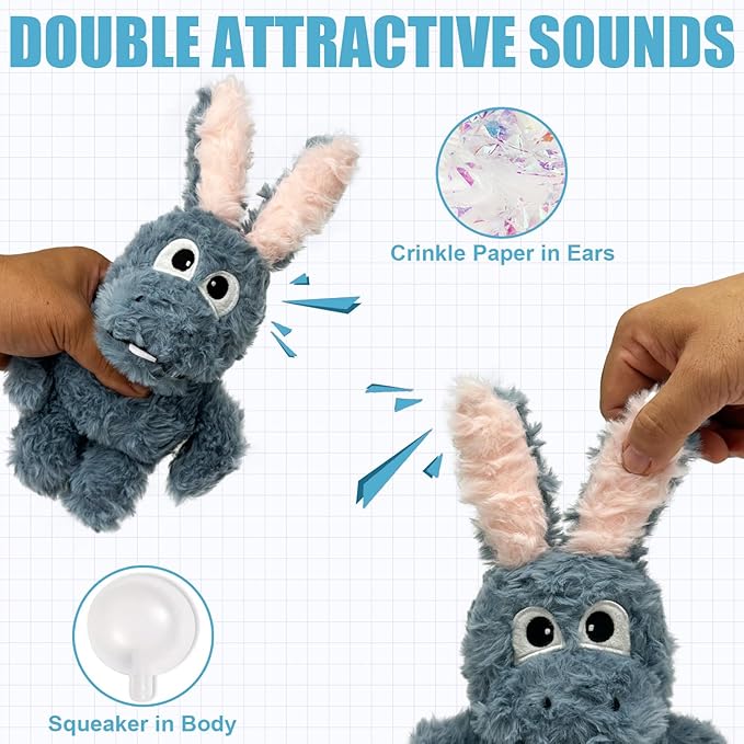 Donkey Squeaky Dog Toys to Keep Them Busy, Stuffed Plush Dog Toy Birthday Gift Crinkle Pet Puppy Tug Toy for Small Medium Large Dogs (Grey)