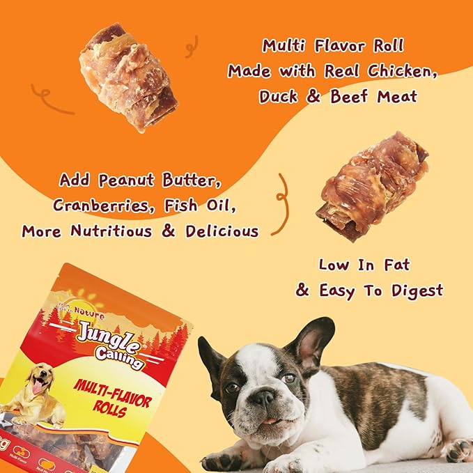 Jungle Calling Multi Flavor Rolls Dog Treats, Made with Real Chicken Duck Beef Meat, Peanut Butter Flavor Rawhide-Free Dog Snacks, Health Skin and High Protein Dog Treat, 10.6 oz
