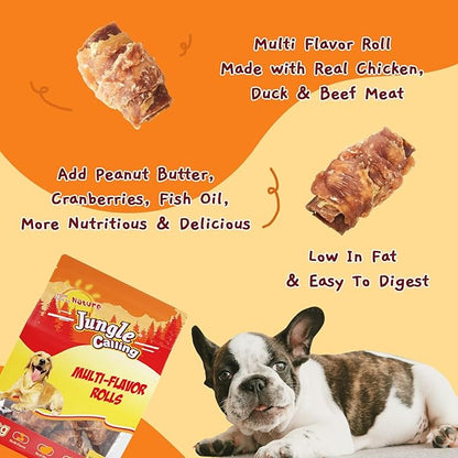 Jungle Calling Multi Flavor Rolls Dog Treats, Made with Real Chicken Duck Beef Meat, Peanut Butter Flavor Rawhide-Free Dog Snacks, Health Skin and High Protein Dog Treat, 10.6 oz