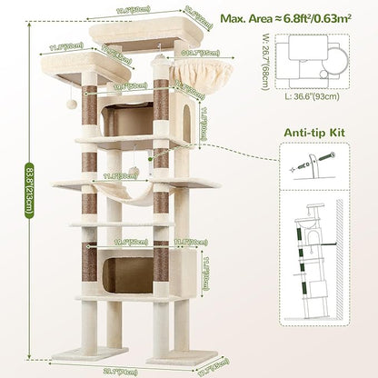 Globlazer XXL Giant Cat Tree, 83 Inch Heavy Duty Tall Cat Tower for Indoor Cats Large Adult, Multi-Level Large Cat Condo with 8 Scratching Posts, Hammock, 2 Cat Caves, 2 Platform, F83B, Beige