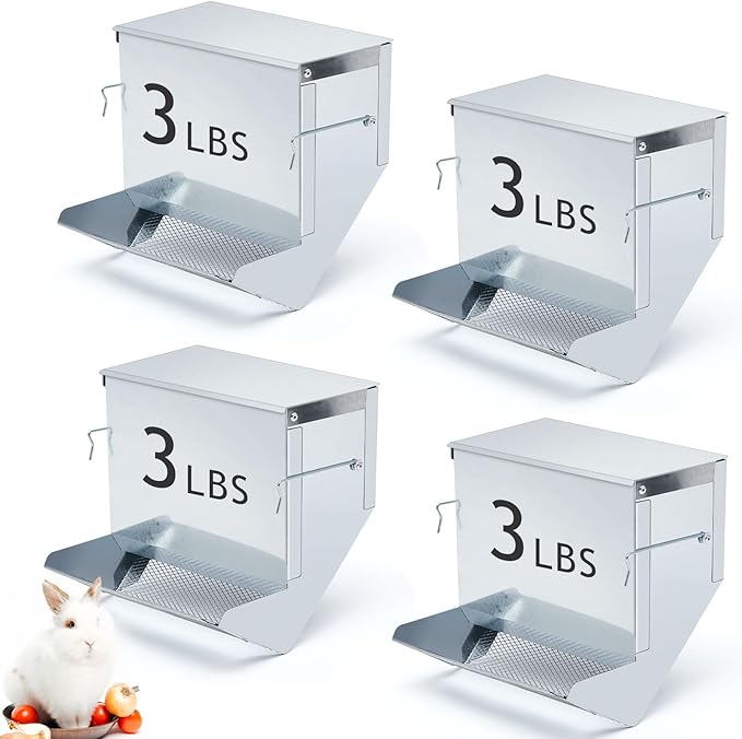 Maxcheck 4 Pcs Rabbit Feeder for Cages Small Animal Food Dispenser with Lid Metal Rabbit Feeders Outside for Guinea Pig (7.7 Inches,Silver)