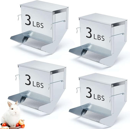 Maxcheck 4 Pcs Rabbit Feeder for Cages Small Animal Food Dispenser with Lid Metal Rabbit Feeders Outside for Guinea Pig (7.7 Inches,Silver)