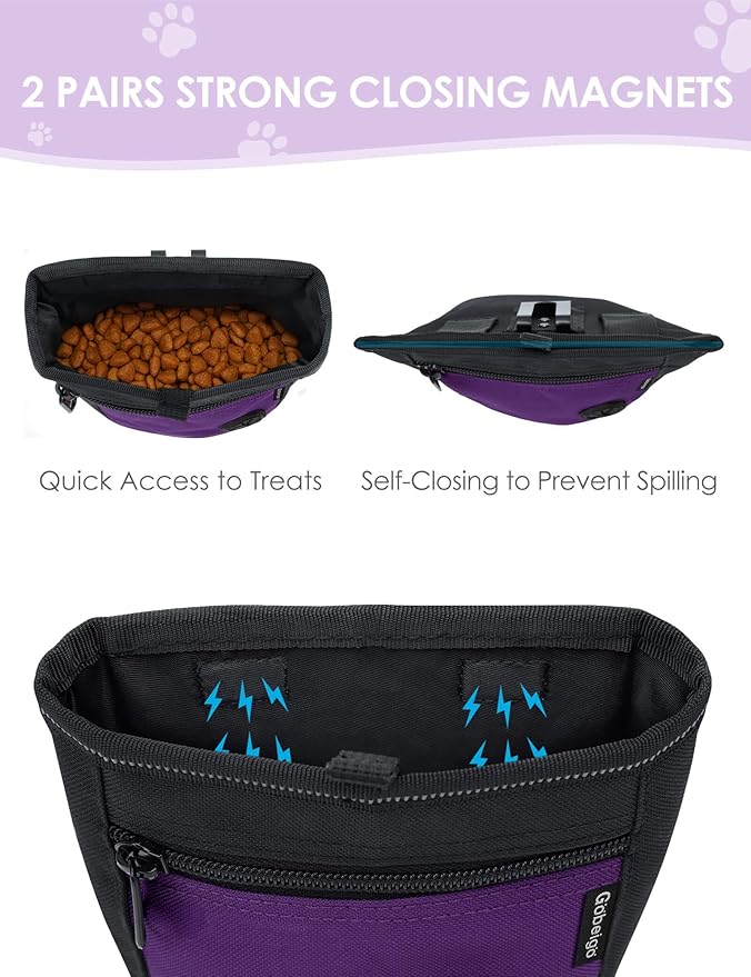 Gobeigo Dog Treat Pouch and Training Clicker, Upgrade Two Magnetic Closure to Prevent Spills, 2 Cup Treat Bag with Poop Bag Dispenser, Metal Clip Waist Belt Fanny Pack for Pet Walk (Black/Purple)