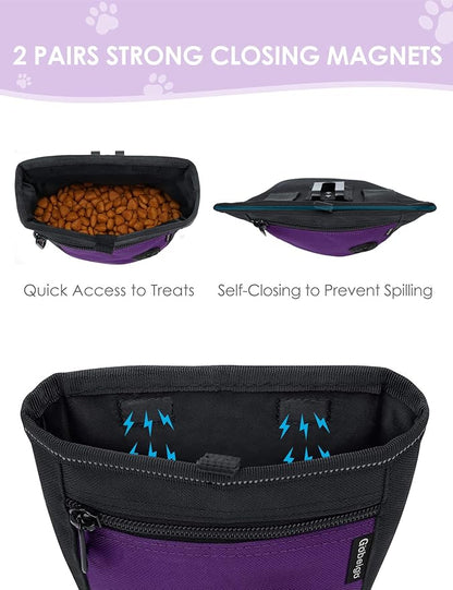 Gobeigo Dog Treat Pouch and Training Clicker, Upgrade Two Magnetic Closure to Prevent Spills, 2 Cup Treat Bag with Poop Bag Dispenser, Metal Clip Waist Belt Fanny Pack for Pet Walk (Black/Purple)