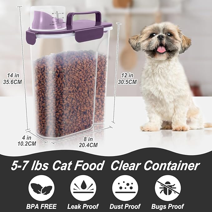 5Lbs/6Qt Airtight Pet Storage Container Translucent Body, Upgraded Large Nozzle With Handle Design For Cat Dog Bird Food and for Small Animal Kibble, Oatmeal, Rice, Flour, Brown Sugart-Purple