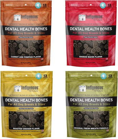 Indigenous Pet Dental Health Bones Regular Variety 4 Pack – Bacon, Chicken, Carrot, Original (17 Ounce x 4) | Grain-Free Dog Chews with Prebiotics & Omegas | Supports Digestive Health |