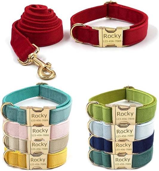 Custom Personalized Dog Collars with Pet Name/Phone Number Engraved Gold Metal Buckle - Adjustable Sizes Soft Thick Velvet Collar for Small Medium Large Dogs 4 Colors - Dog Leash and Bow Tie Available