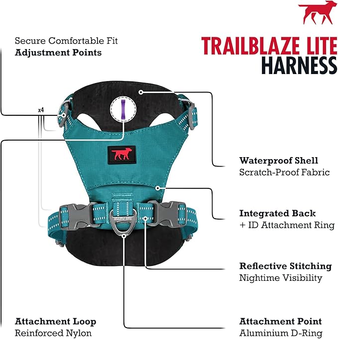 Tuff Pupper All-Day Wear Dog Harness | for Walking, Trail Running, Hiking | Front & Back Leash Clips | Reflective Trim | Easy On/Off Buckles | Lightweight Breathable | No Pull Design (XS, Teal)