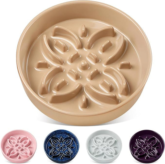 vancasso Ceramic Slow Feeder Dog Bowls, Puzzle Dog Food Bowls with Floral Maze, Anti -Slip Pet Food Dish for Medium Breed, 1.5 Cups, Brown