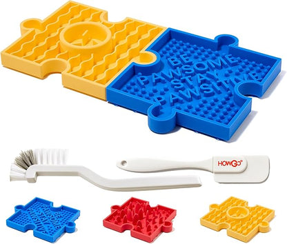 HowGo Puzzle Slow Feeder Lick Mat for Dogs, 38+ Suction Cups|Non-Slip Heavy Duty Maze Enrichment Bowl BPA-Free Silicone|Reduce Boredom Anxiety Free Combination (2PCs, Blue&Yellow)