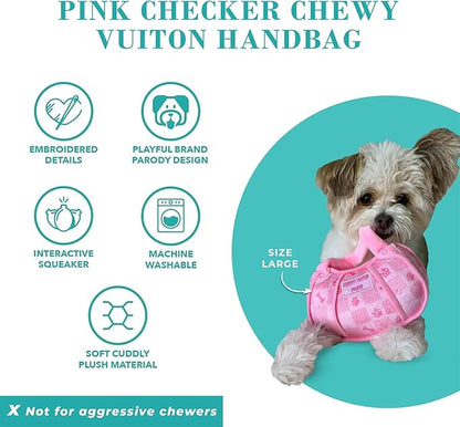 Haute Diggity Dog Pink Checker Chewy Vuiton Handbag, Plush Designer Dog Toys with Interactive Squeaker, Stimulating Pet Enrichment, Machine-Washable & Safe Materials for All Breeds, Size Large