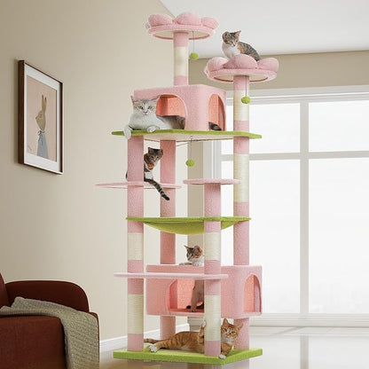 PAWZ Road Flower Cat Tree for Large Cats, 81 Inches Pink Tall Cat Tower with 2 Perches, 2 Condos and Spacious Hammock, XL Extra Large Condo with 7 Scratching Posts for 20lb+ Adult Cats