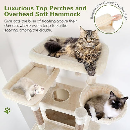 Globlazer XXL Giant Cat Tree, 83 Inch Heavy Duty Tall Cat Tower for Indoor Cats Large Adult, Multi-Level Large Cat Condo with 8 Scratching Posts, Hammock, 2 Cat Caves, 2 Platform, F83B, Beige