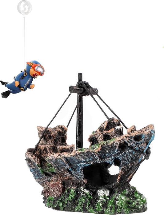 AWXZOM Aquarium Shipwreck Decoration + Little Diver Floating Fish Tank Decoration, Fish Tank Ornaments