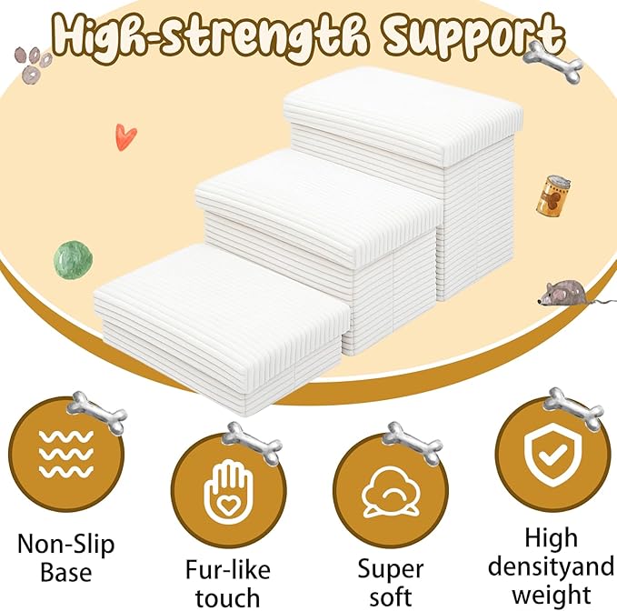Dog Stairs for Small Dogs with Storage 18" h, 3-Tier Non-Slip Pet Stairs for Dogs Cats, Foldable White Dog Steps Ramp, Corduroy Fabric Pet Ramp for High Beds Couches