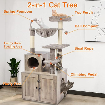 Cat Tree with Litter Box Enclosure, 2-in-1 Cat Tower for Indoor Cats, Large Wood Cat Condo with Basket, Scratching Posts, Pompoms, Grey