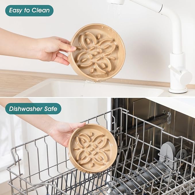 vancasso Ceramic Slow Feeder Dog Bowls, Puzzle Dog Food Bowls with Floral Maze, Anti -Slip Pet Food Dish for Small Breed, 0.6 Cups, Brown