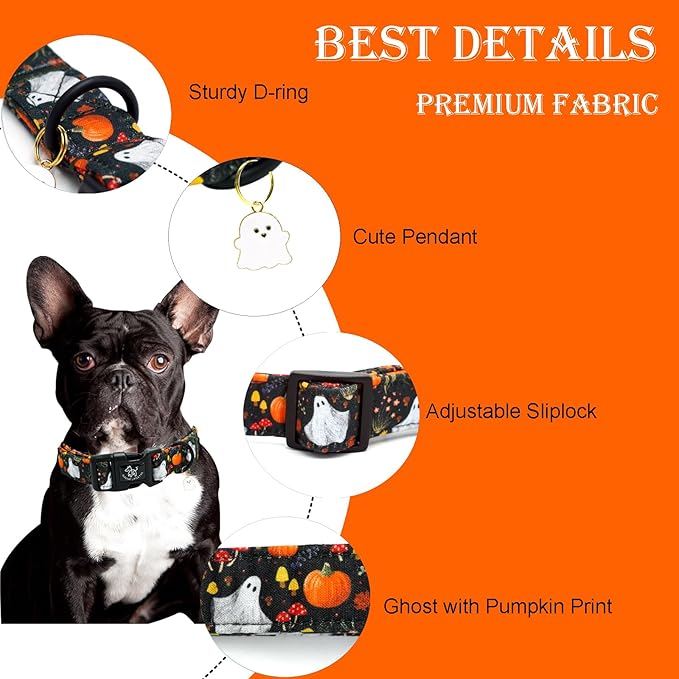 Elegant little tail Halloween Dog Collar, Pumpkin with Ghost Print Black Halloween Pet Collars Cotton Soft Sturdy Puppy Collars Holiday Female Adjustable Collar for Medium Dogs