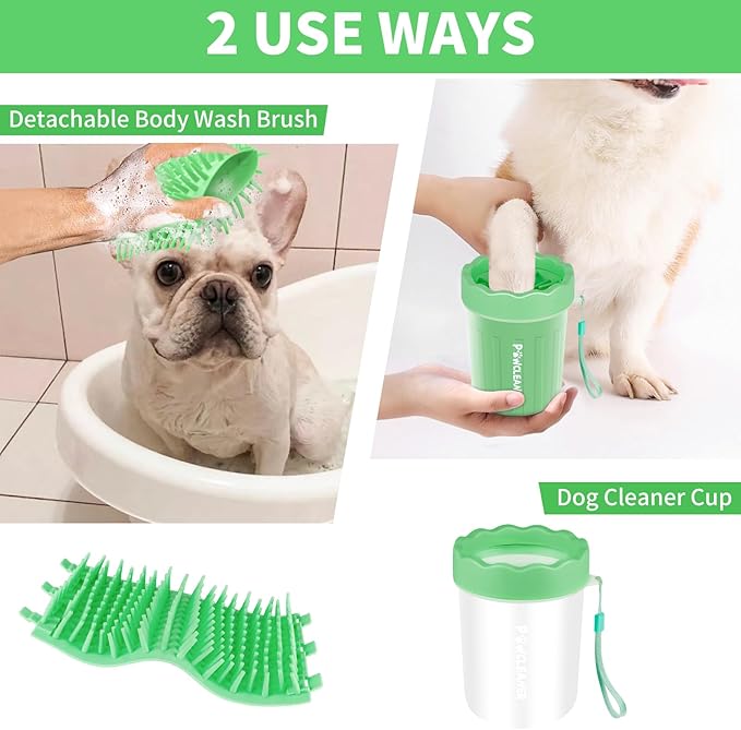 Professional 7 in 1 Dog Paw Cleaner for Dogs & Cats - Includes 1 Portable Paw Washer, 1 Bath Brush, 2 Dog Toothbrushes and 3 Absorbent Towels Note: Fits Paws up to 2 Inches Wide (Small, Light Green)