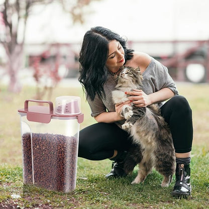 5-7Lbs Cat Dog Storage Container, Portable Pet Food Containers with Upgraded Large Spout and Cup, Small Animal Kibble Dispenser for Bird Seed, Oatmeal, Rice, Flour (1, Pink, 5L)