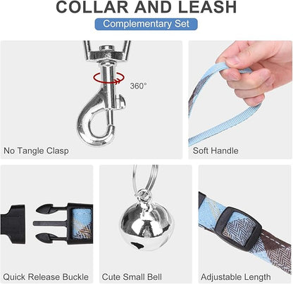 EXPAWLORER Classic Plaid Puppy Harness - Small Dog Collar and Leash with AirTag Holder Case - Soft Mesh Padded Adjustable Dog Vest Harness No Pull, Reflective Escape Proof for Outdoor, Blue S